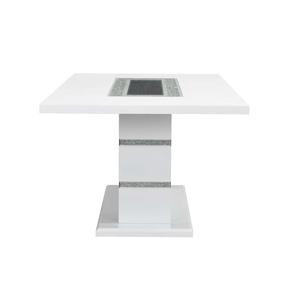 Elizaveta - Dining Table With Pedestal Base - Faux Crystal Diamonds & White High Gloss, alternate view 2 with glass