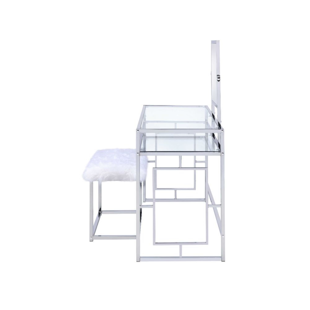 Carenze II - Vanity Set - White Faux Fur & Chrome, alternate view 2 with glass