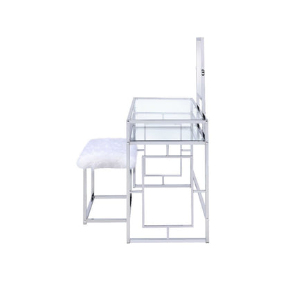 Carenze II - Vanity Set - White Faux Fur & Chrome, alternate view 2 with glass