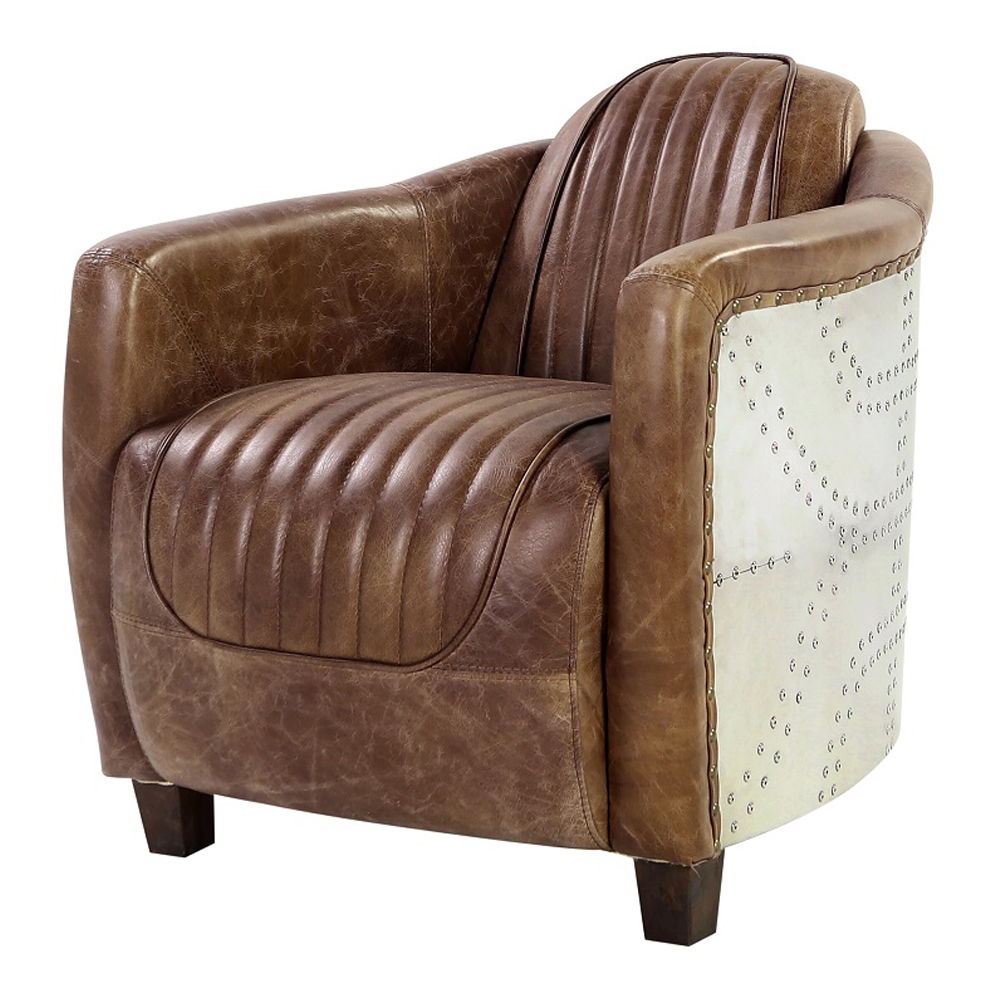 Brancaster - Chair - Retro Brown Top Grain Leather & Aluminum, alternate view 2 with wood construction