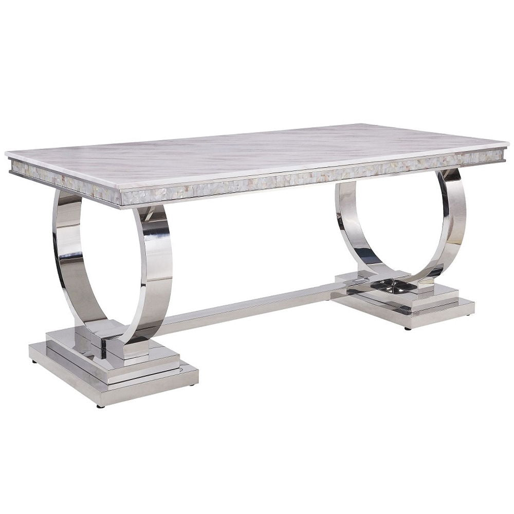 Zander - Dining Table - White Printed Faux Marble Top & Mirrored Silver, alternate view 2 with metal