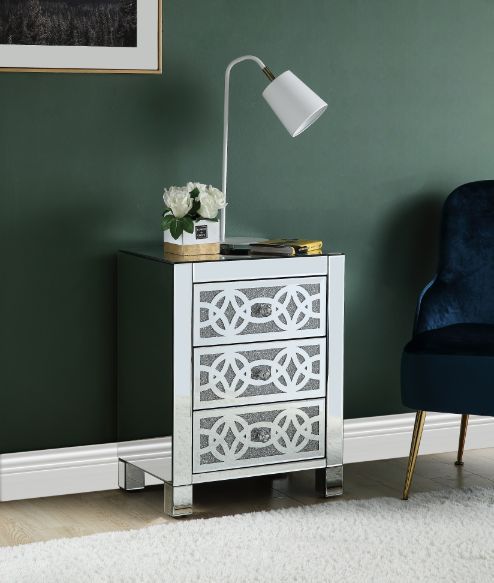 Noralie - Accent Table With 3 Drawers - Mirrored & Faux Diamonds, product view with glass