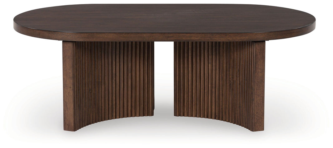 Korestone - Oval Cocktail Table - Dark Brown, alternate view 2 with wood construction