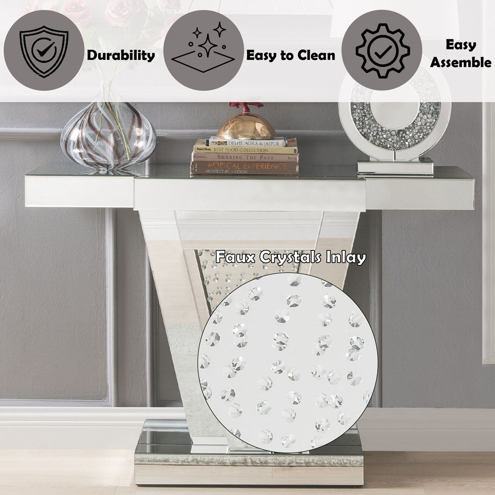 Nysa - 32"H Console Table - Mirrored & Faux Crystals, alternate view 2 with wood construction