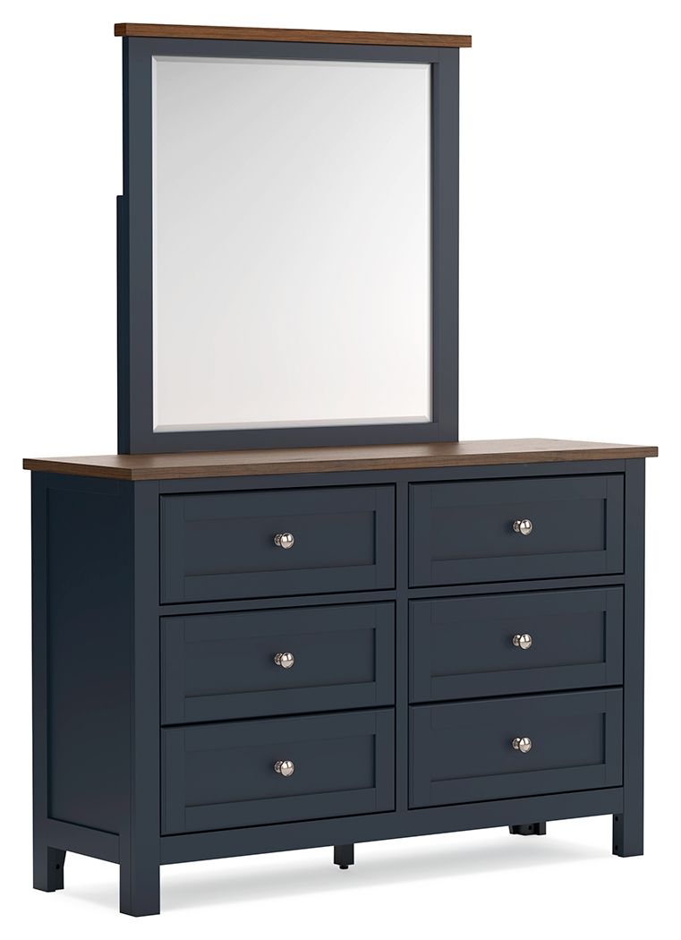 Landocken - Dresser and Mirror - Brown / Blue, product view with wood construction