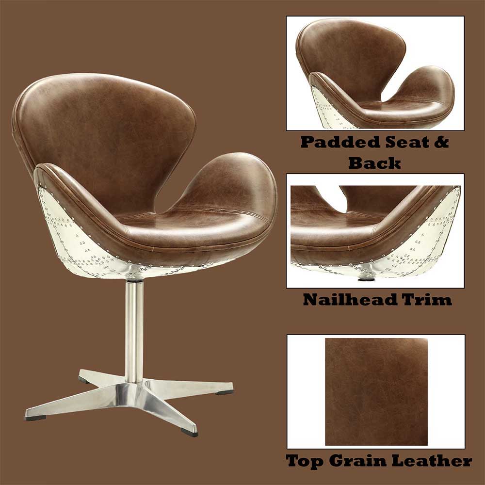 Brancaster - Accent Chair With Swivel - Retro Brown Top Grain Leather & Aluminum, alternate view 2 with metal