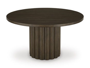 Radkin - Round Dining Room Table - Burnished Brown, product view with wood construction