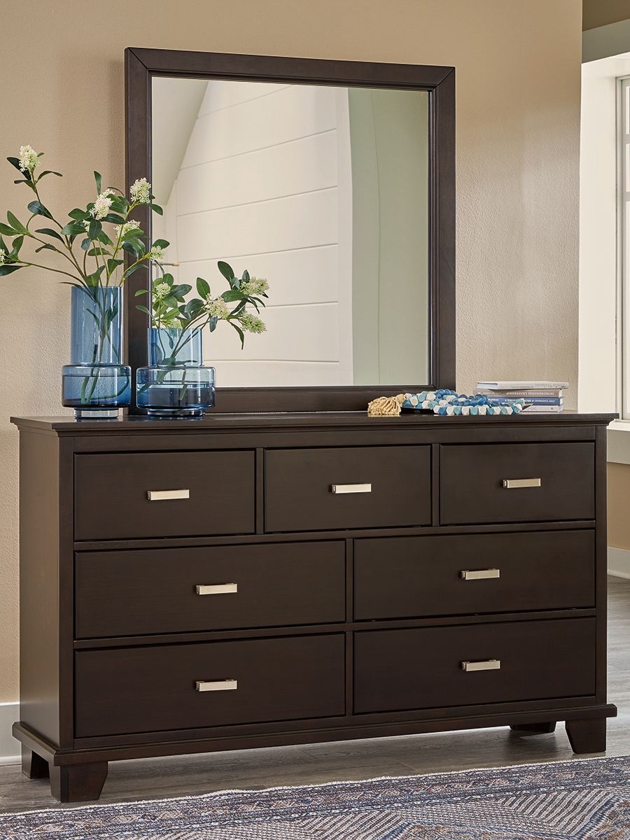 Covetown - Dresser And Mirror - Dark Brown, alternate view 2 with linen fabric