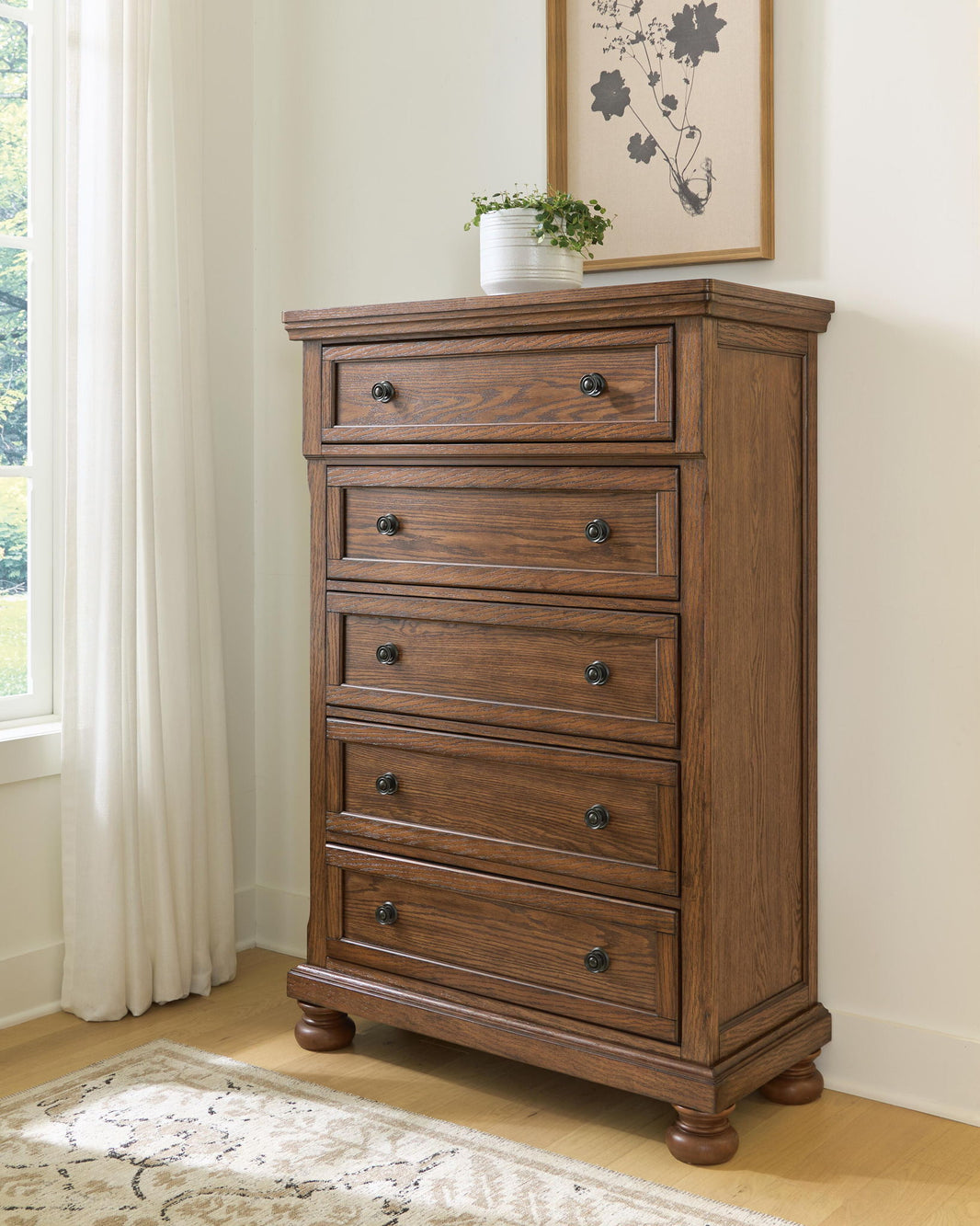 Zackaryn Five Drawer Chest Warm Brown, gallery image 2