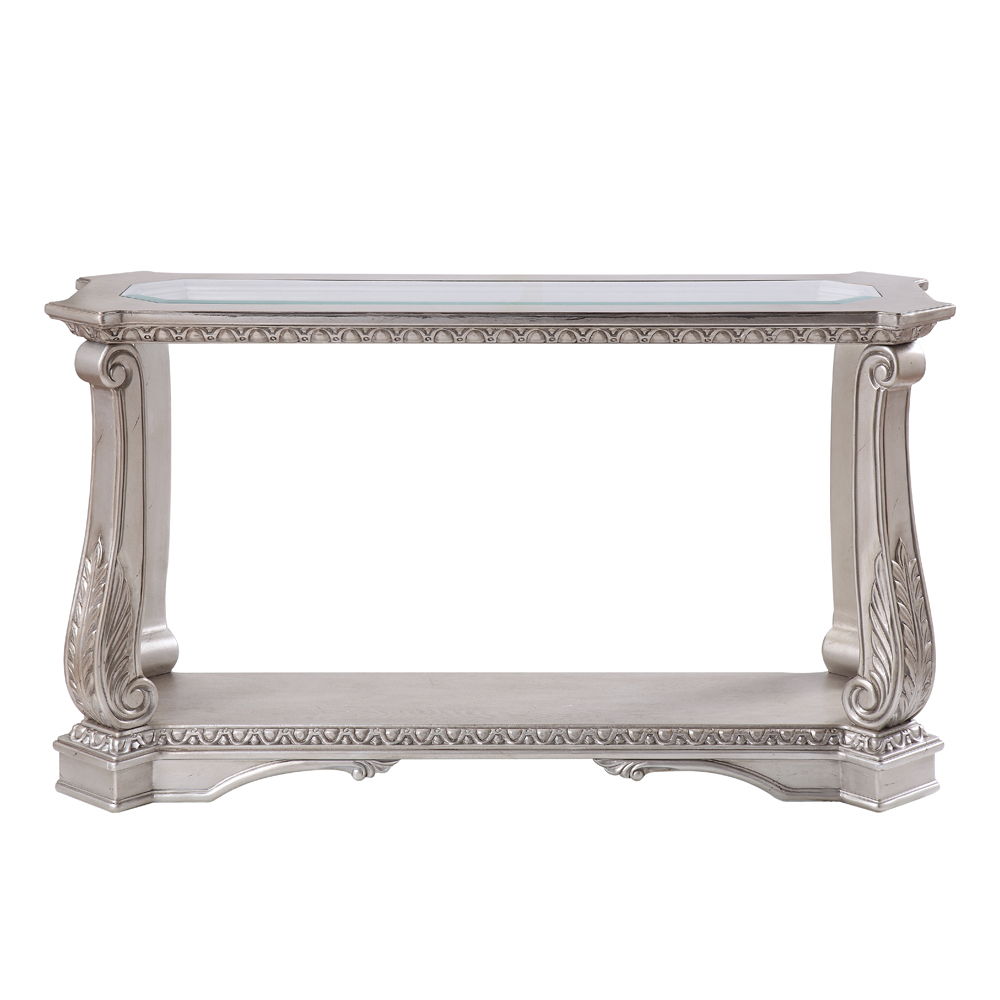 Northville - Sofa Table - Clear Glass & Antique Silver, alternate view 2 with wood construction