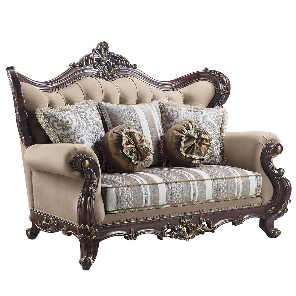 Ragnar - Loveseat With 5 Pillows - Light Brown Linen & Cherry, alternate view 2 with wood construction