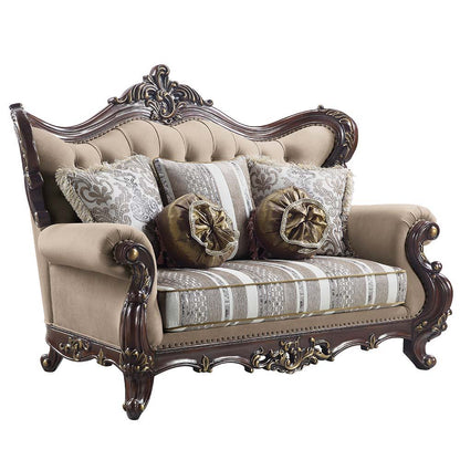 Ragnar - Loveseat With 5 Pillows - Light Brown Linen & Cherry, alternate view 2 with wood construction