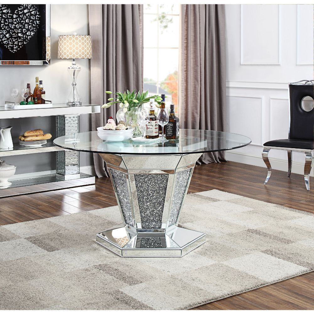 Noralie - Dining Table - Mirrored, Faux Diamonds & Clear Glass Top, alternate view 2 with wood construction
