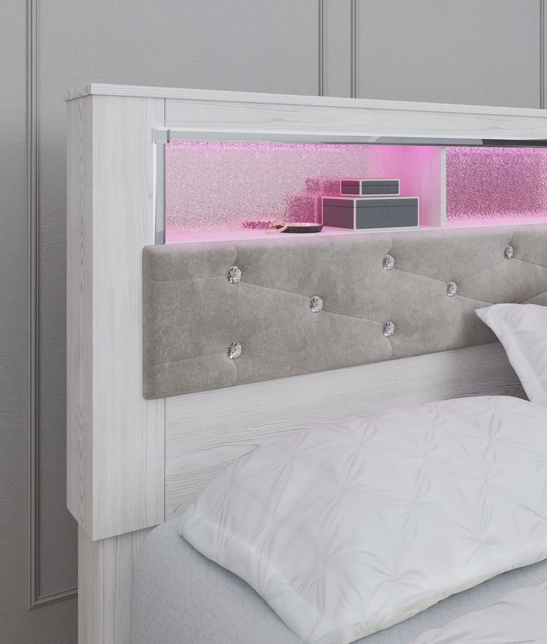 Altyra - King Bookcase Panel Bed - White, alternate view 2 with polyester fabric