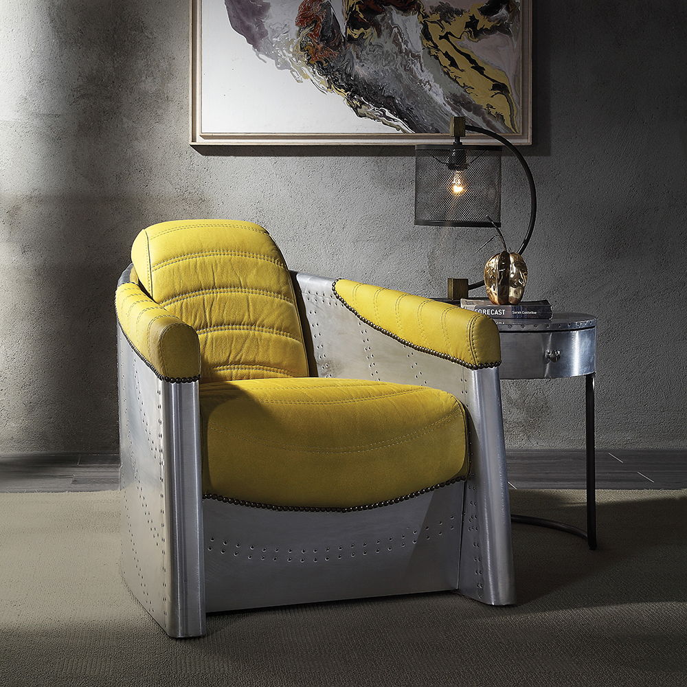Brancaster - Accent Chair - Yellow Top Grain Leather & Aluminum, alternate view 2 with wood construction