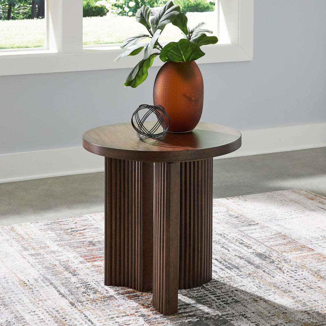 Korestone - Round End Table - Dark Brown, alternate view 2 with wood construction
