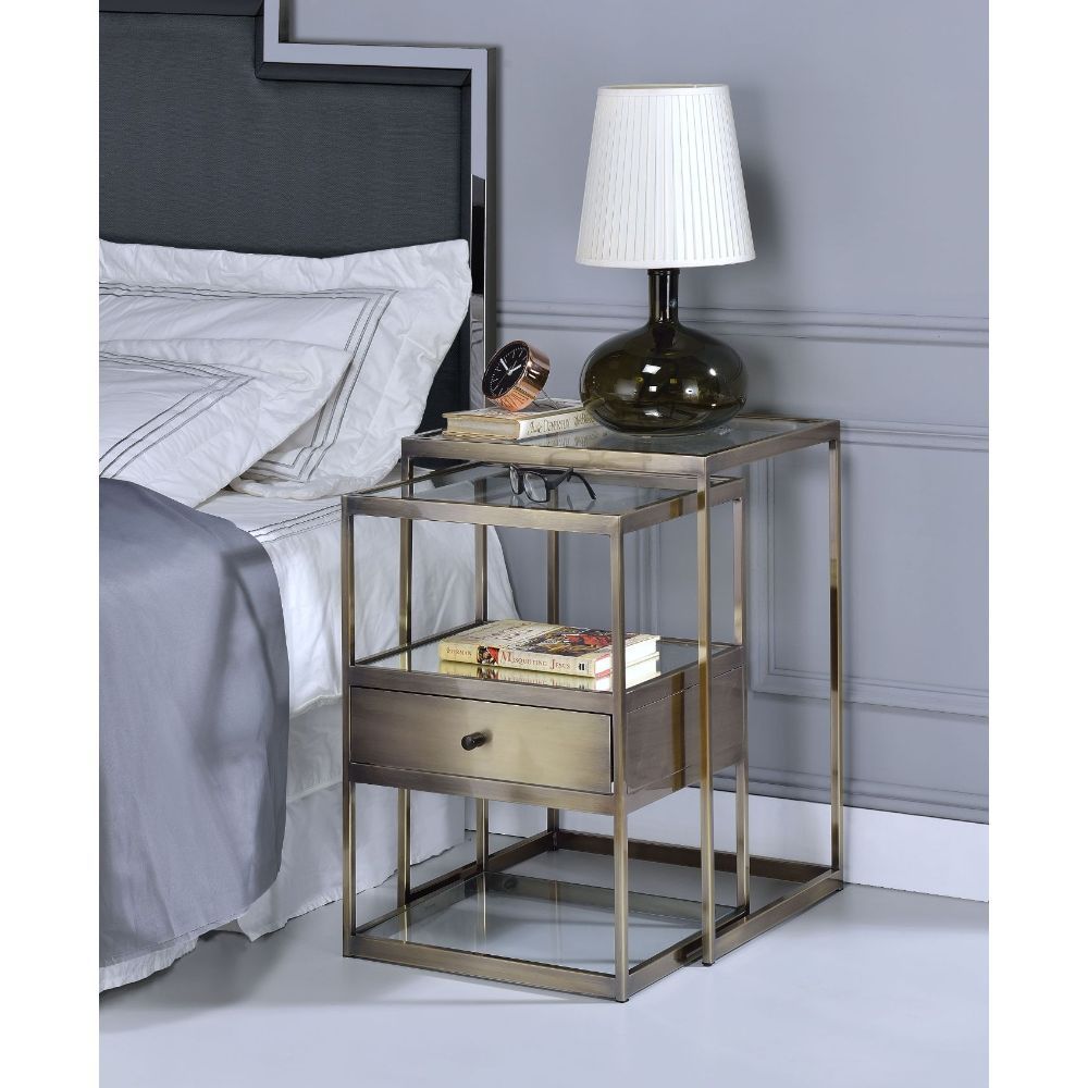 Enca - Nesting Table Set - Clear Glass & Antique Brass, alternate view 2 with wood construction