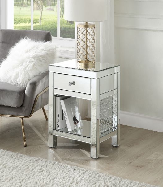 Nysa - 18" X 14" Accent Table - Mirrored & Faux Crystals, alternate view 2 with glass