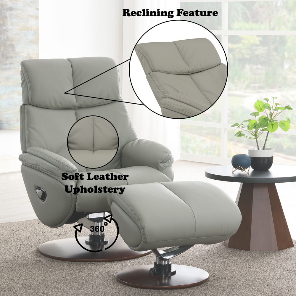 Kandoro - Motion Accent Chair With Swivel & Ottoman - Gray Leather & Brown Base, alternate view 2 with top-grain leather