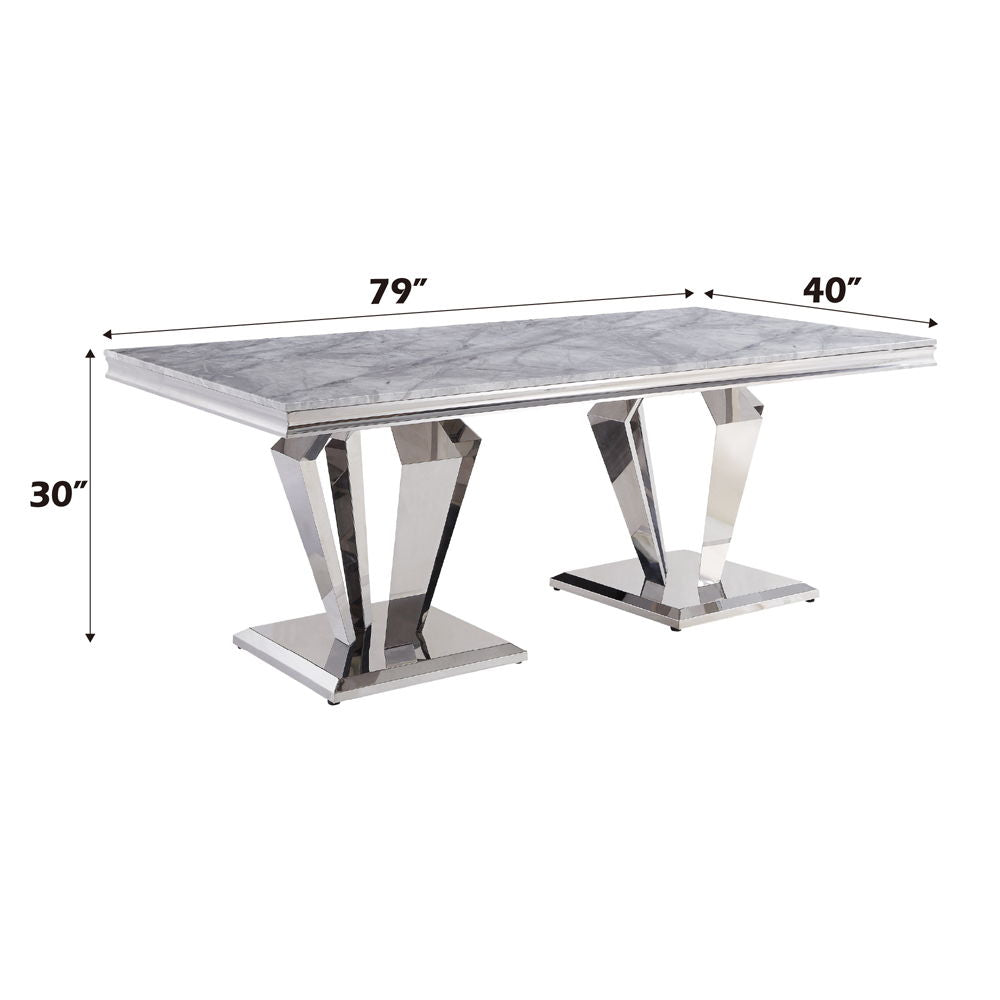 Satinka - Dining Table - Light Gray Printed Faux Marble Top & Mirrored Silver, alternate view 2 with metal