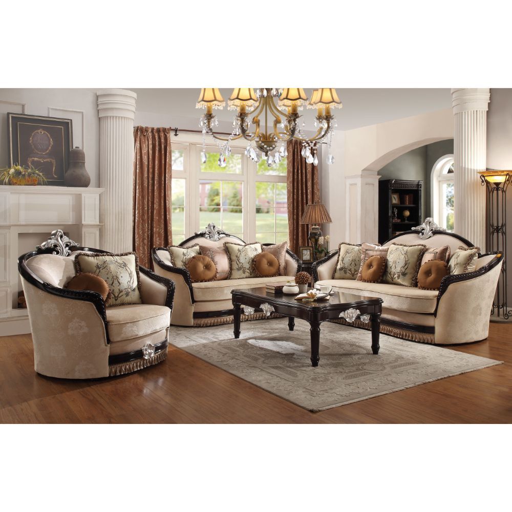 Ernestine - Chair With 2 Pillows - Tan Fabric & Black, alternate view 2 with wood construction
