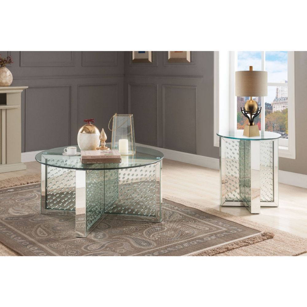 Nysa - Coffee Table - Mirrored & Faux Crystals, product view with wood construction