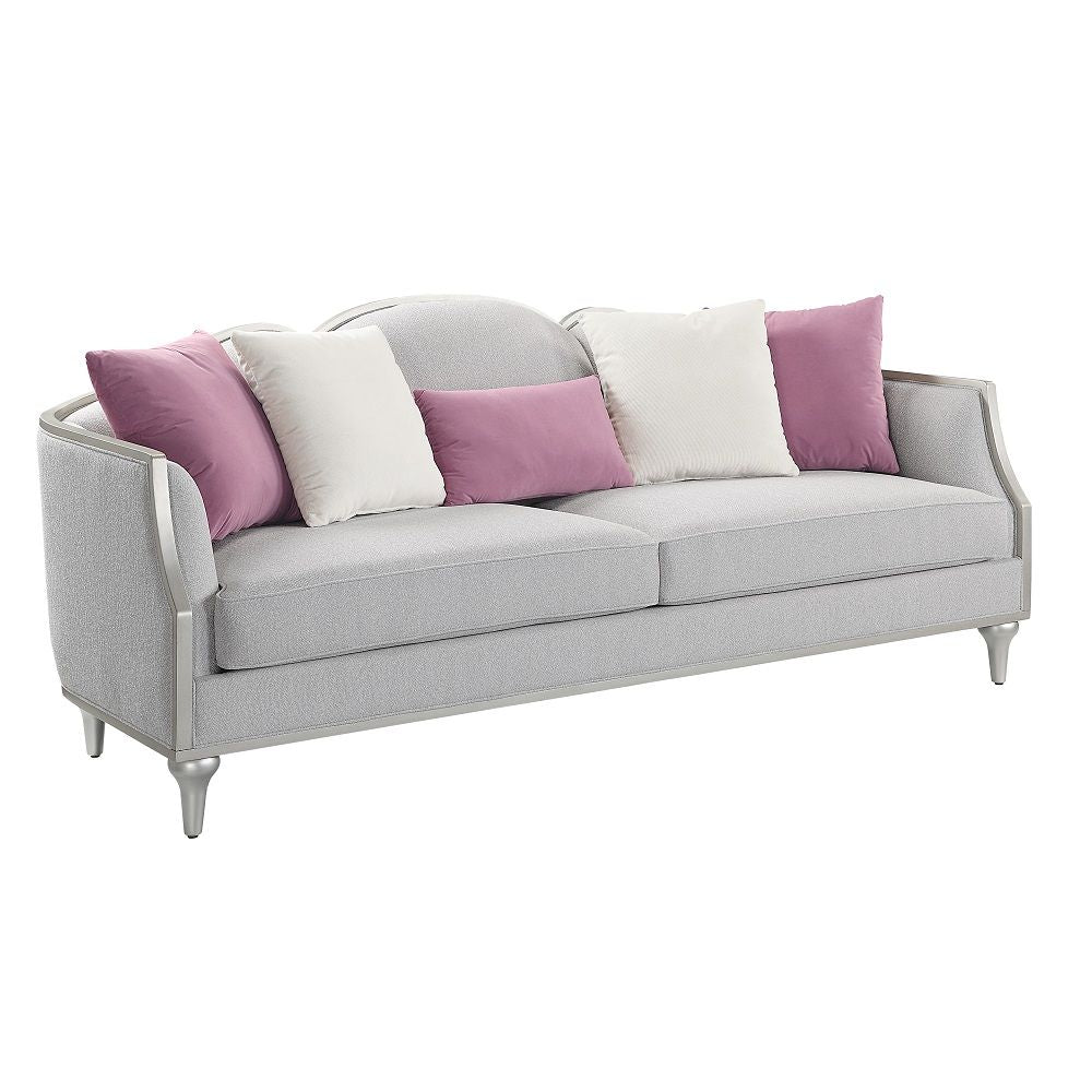 Kasa - Sofa With 5 Pillows - Beige Linen & Champagne, alternate view 2 with wood construction