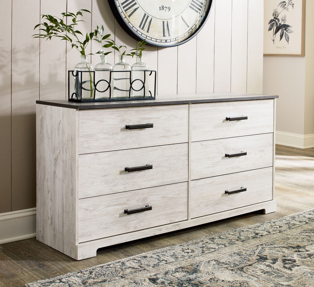 Shawburn - Six Drawer Dresser - Pewter-tone pulls - White / Black / Gray, alternate view 2 with engineered wood