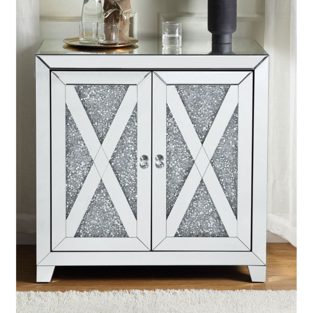 Noralie - 2 Door Console Cabinet - Mirrored & Faux Diamonds, product view with wood construction