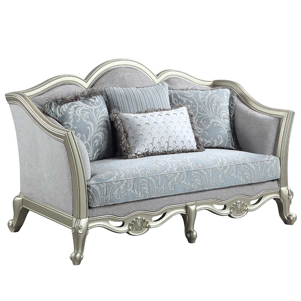 Qunsia - Loveseat With 4 Pillows - Light Gray Linen & Champagne, alternate view 2 with wood construction