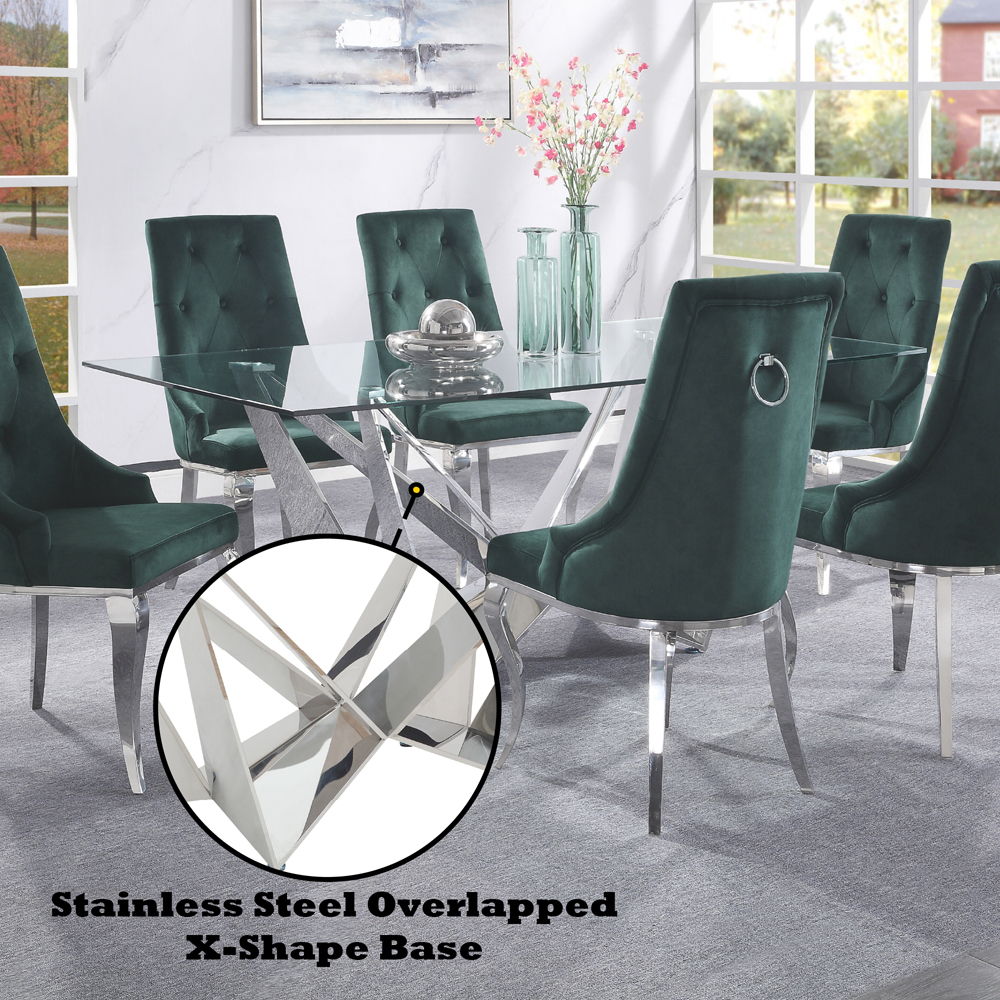 Dekel - Dining Table - Clear Glass Top & Stainless Steel, alternate view 2 with wood construction