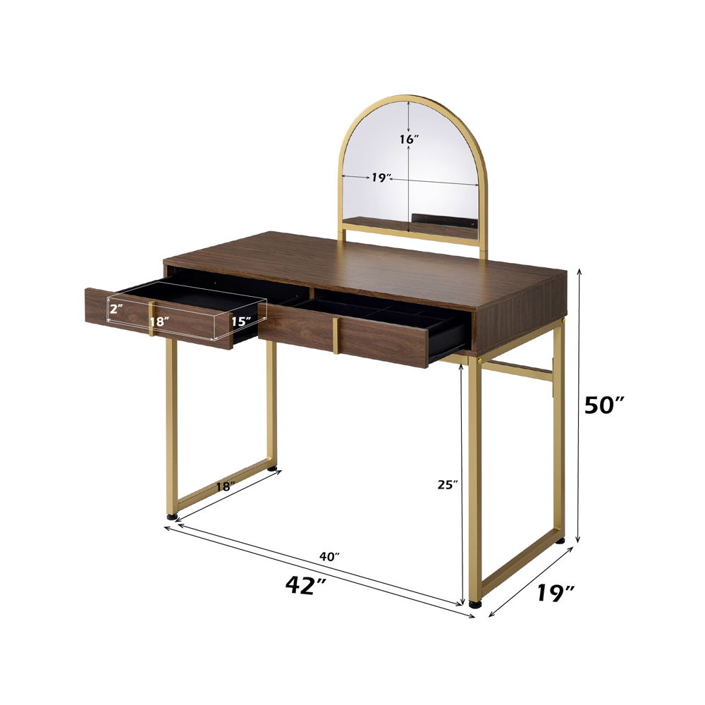 Coleen - 50" Vanity Desk With Mirror & Jewelry Tray - Walnut & Gold, alternate view 2