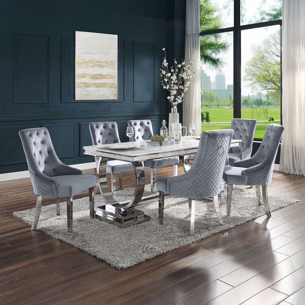 Zander - Dining Table - White Printed Faux Marble Top & Mirrored Silver, alternate view 3 with metal