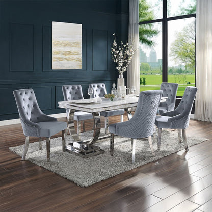 Zander - Dining Table - White Printed Faux Marble Top & Mirrored Silver, alternate view 3 with metal