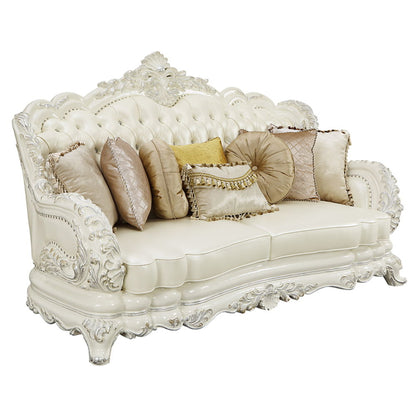 Adara - Sofa With 7 Pillows - Pearl White Synthetic Leather & Antique White, alternate view 3 with wood construction
