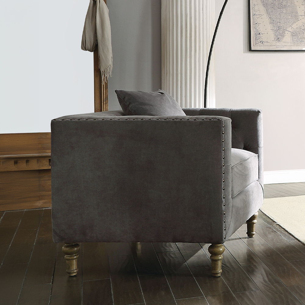 Sidonia - Chair With Pillow - Gray Velvet, product view with wood construction