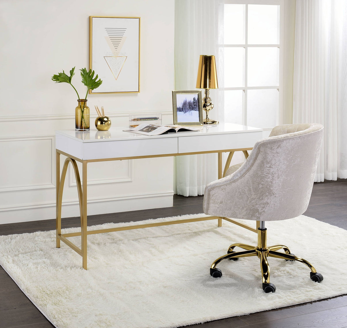 Lightmane - Vanity Desk (Same 92660) - White High Gloss & Gold, alternate view 3 with wood construction