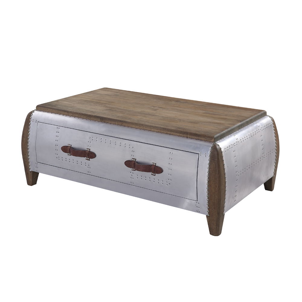Brancaster - Coffee Table - Antique Oak & Aluminum, product view with top-grain leather