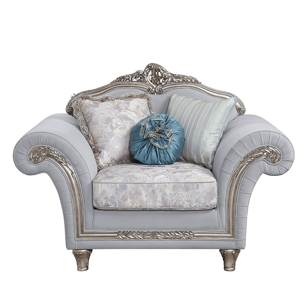 Pelumi - Chair With 3 Pillows - Light Gray Linen & Platinum, alternate view 2 with wood construction