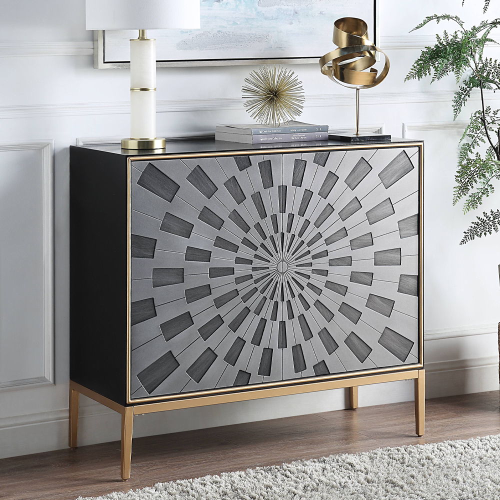 Quilla - Console Cabinet - Black, Gray & Brass, product view with wood construction