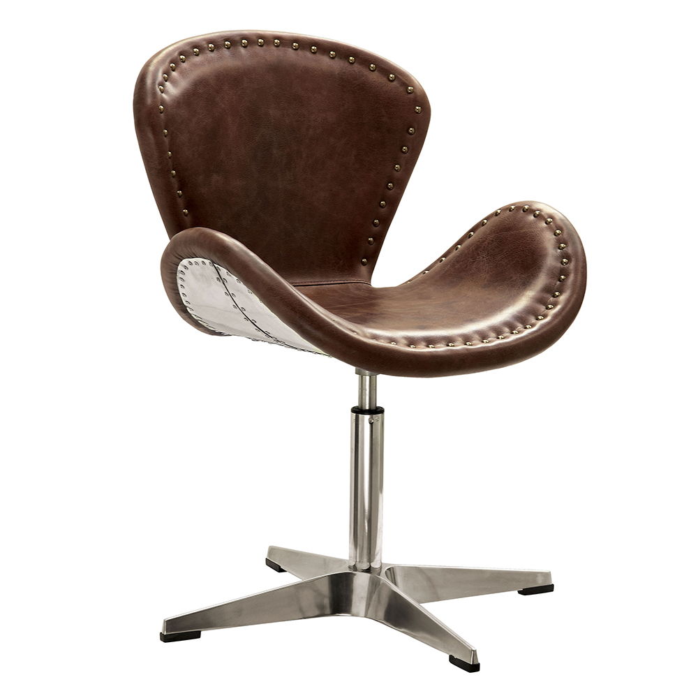 Brancaster - 33" Accent Chair With Swivel - Retro Brown Top Grain Leather & Aluminum, product view with metal