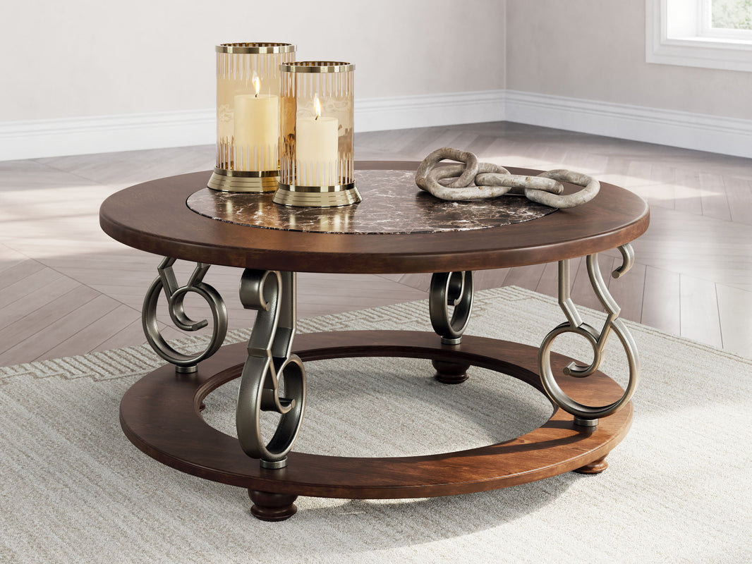 Frallyn - Round Cocktail Table - Dark Brown, alternate view 2 with marble