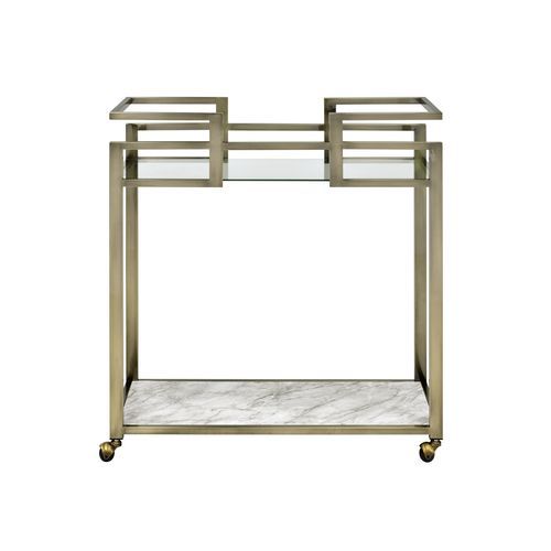 Neilo - Serving Cart - Clear Glass, Faux Marble Top & Wire Brass, alternate view 2 with velvet upholstery