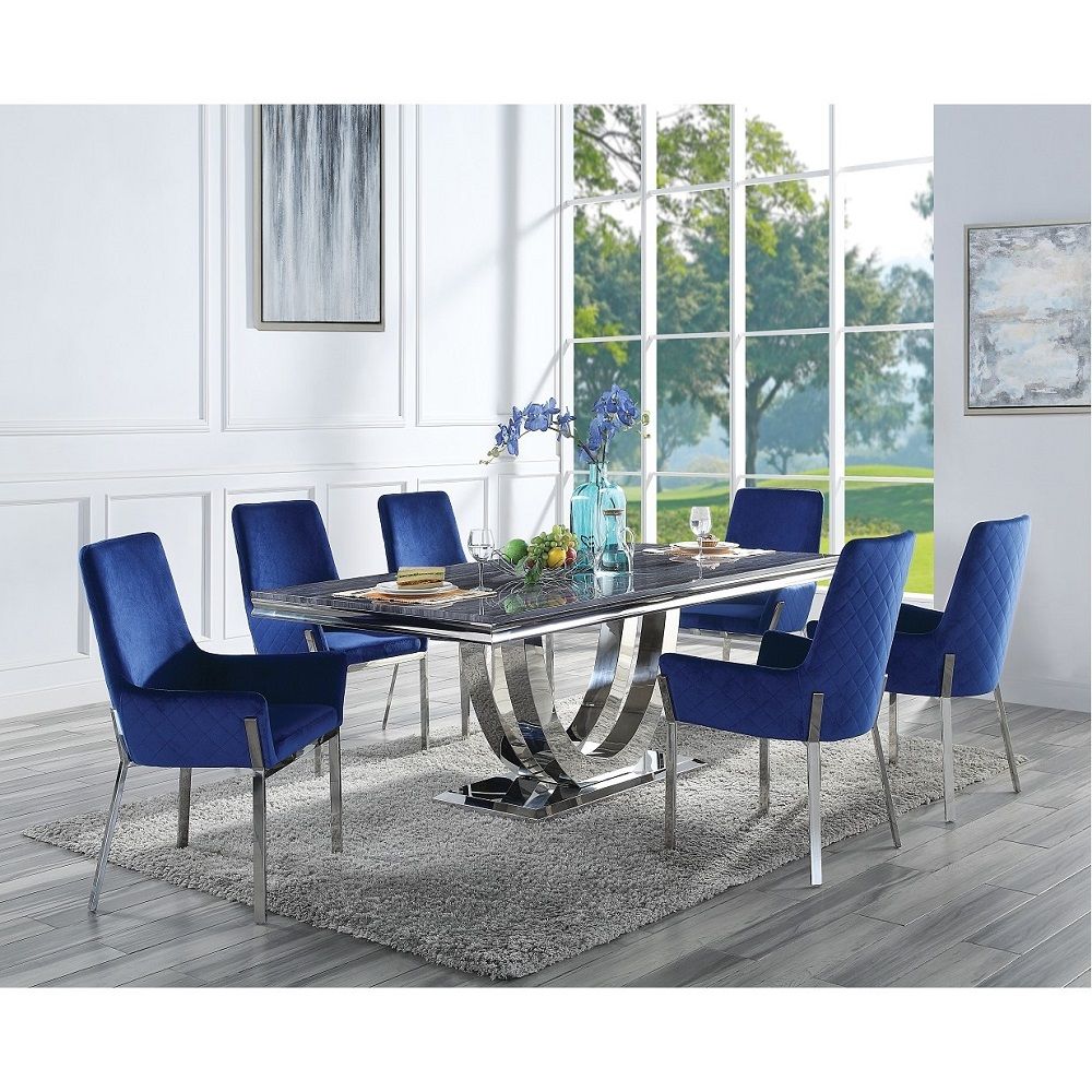 Cambrie - Dining Table With Engineered Stone Top - Engineered Stone Top & Mirrored, alternate view 2 with velvet upholstery