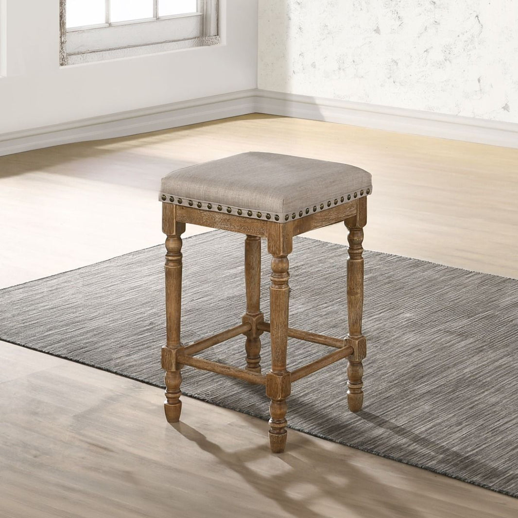 Farsiris - Counter Height Stool (Set of 2) - Beige Fabric & Weathered Oak, alternate view 2 with wood construction