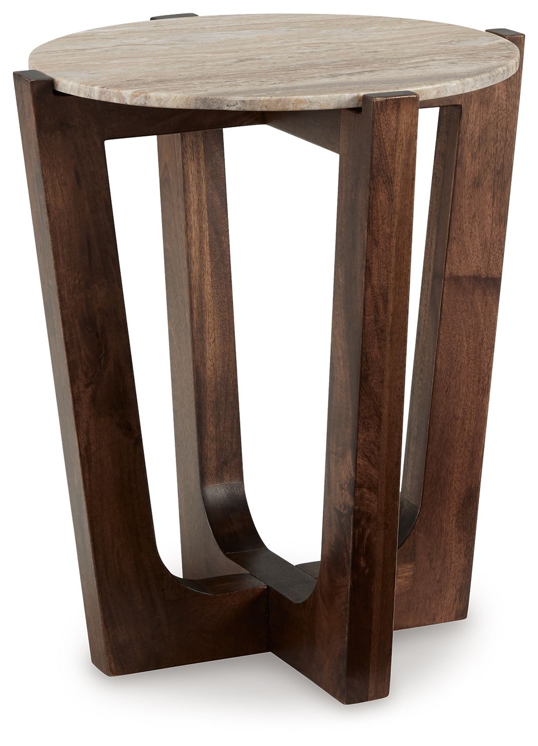 Tanidore - Round End Table - Warm Brown, product view with wood construction