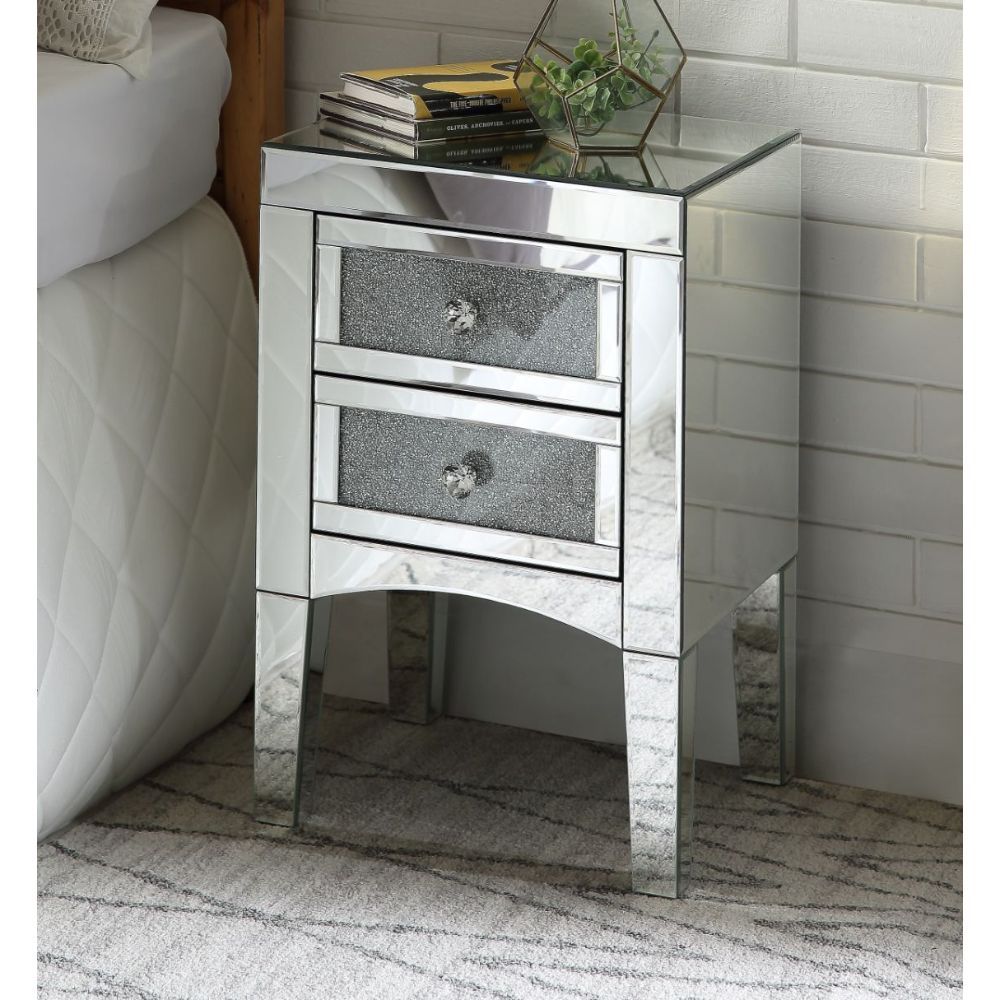 Noralie - 24" Accent Table - Mirrored, Faux Diamonds, product view with glass