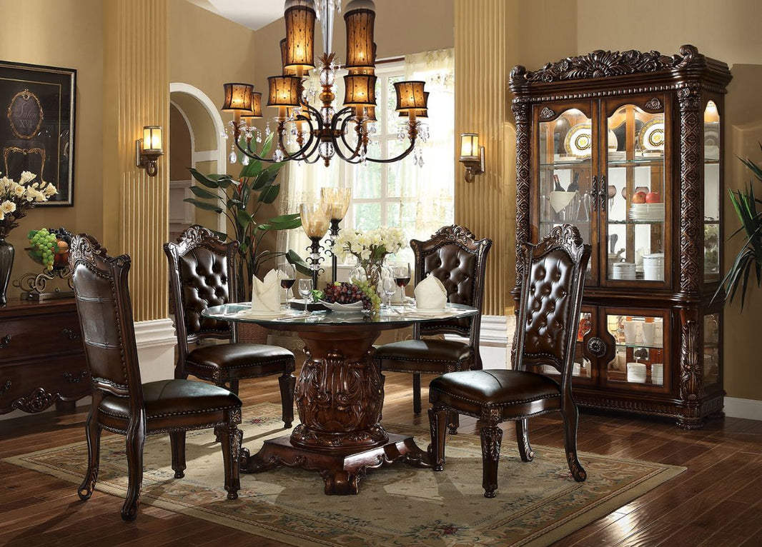 Vendome - Round Dining Table - Clear Glass Top & Cherry, product view with wood construction