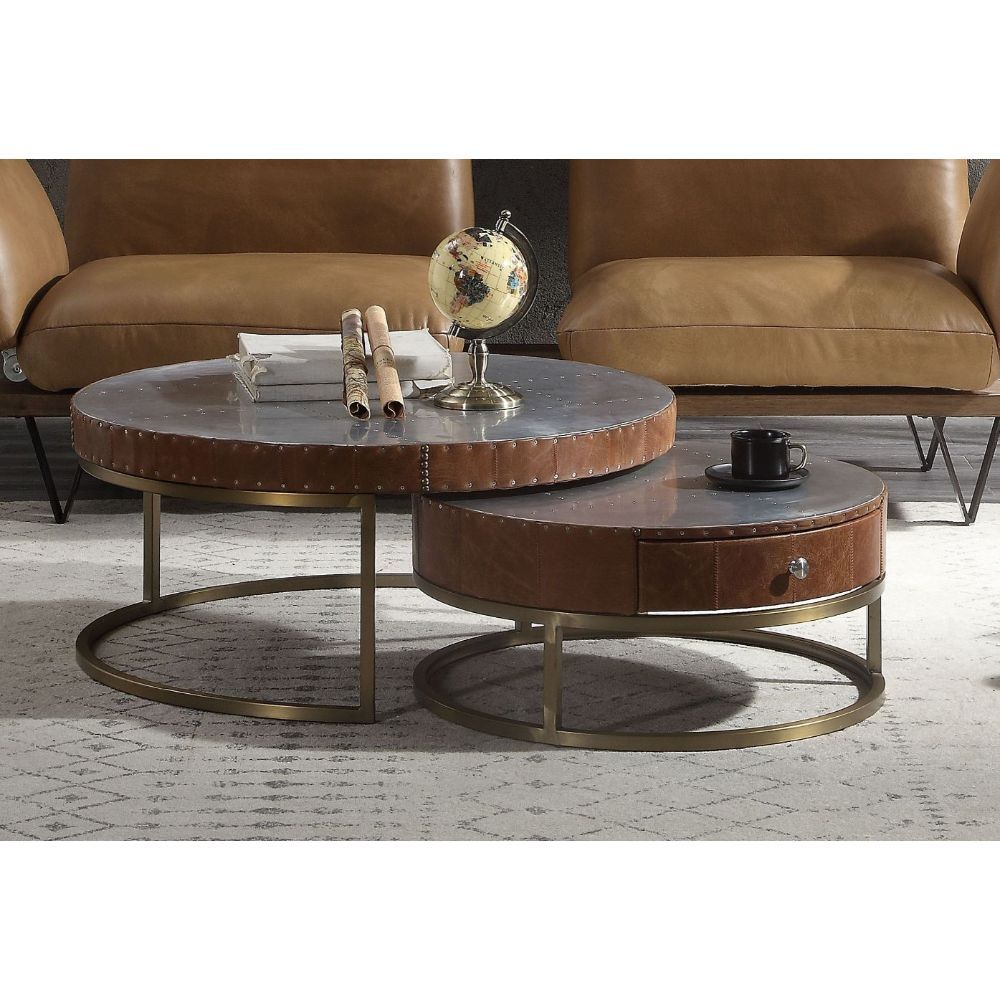 Tamas - 16" Coffee Table - Aluminum & Cocoa Top Grain Leather, alternate view 2 with metal