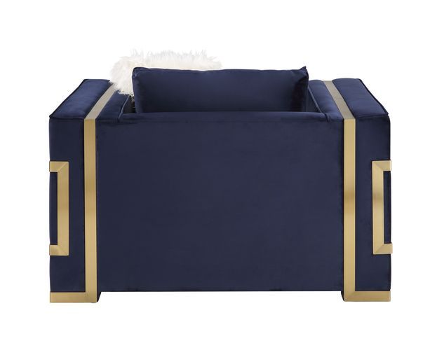 Virrux - Chair With 2 Pillows - Blue Velvet & Gold, alternate view 3 with wood construction